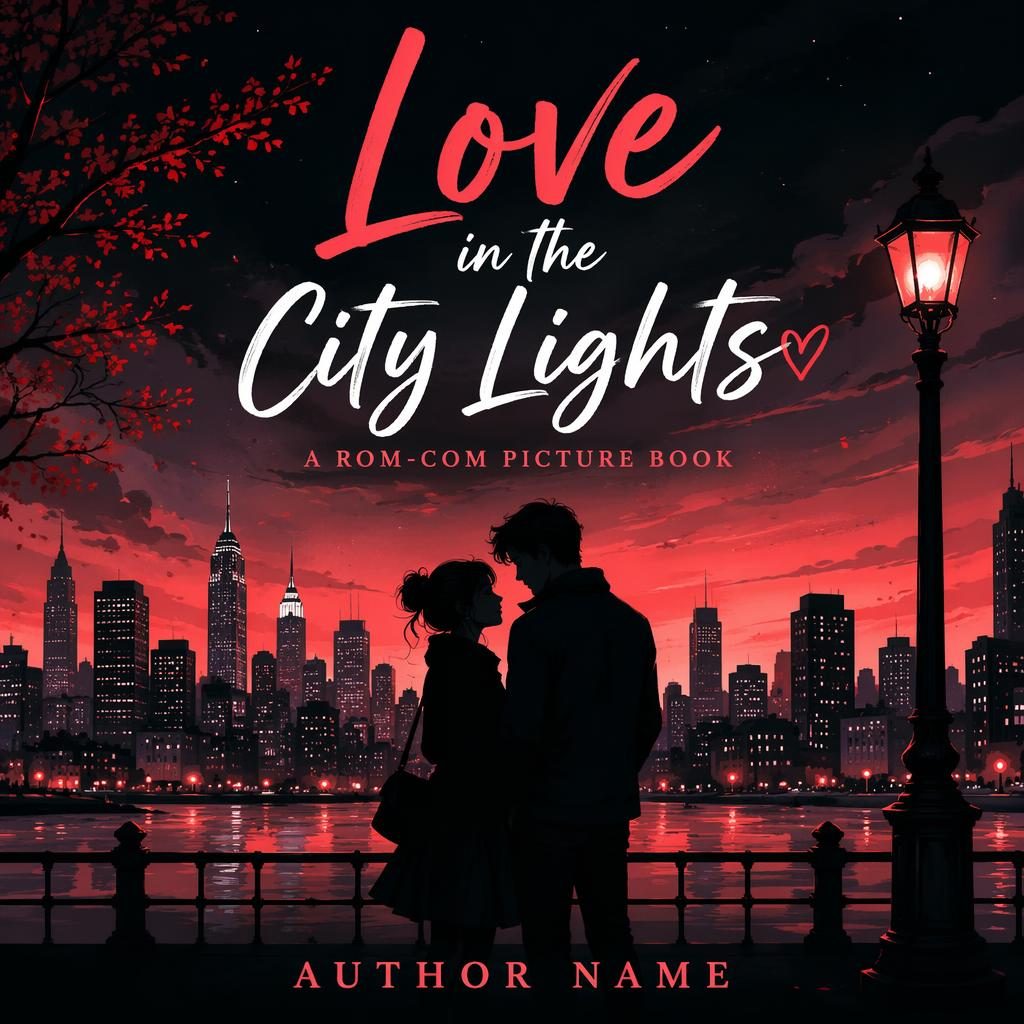Illustrated portrait book cover with a dark city skyline, black and red palette, pastel accents, and clean title placeholder text.
