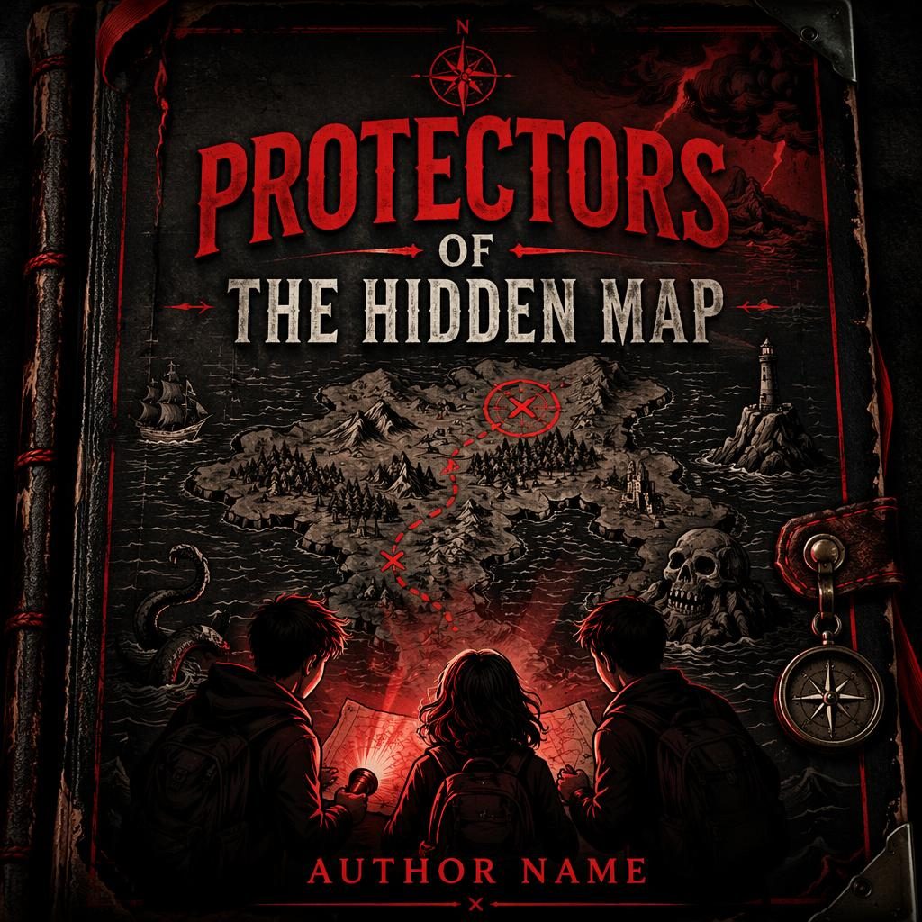 Illustrated middle grade mystery book cover with a dark adventure map, black and red palette, and clean title placeholder text.