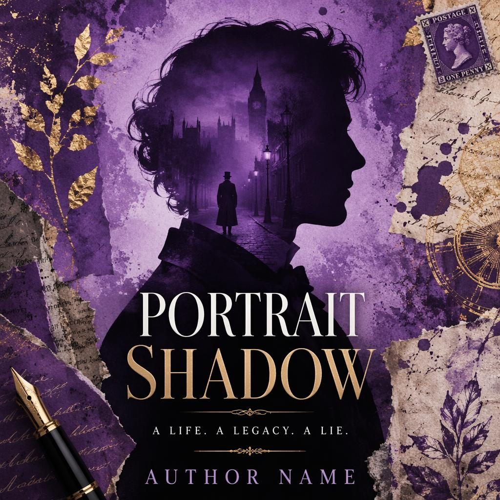 Royal purple mystery book cover with a shadowed biography portrait collage, whimsical mixed media textures, and clean title text.