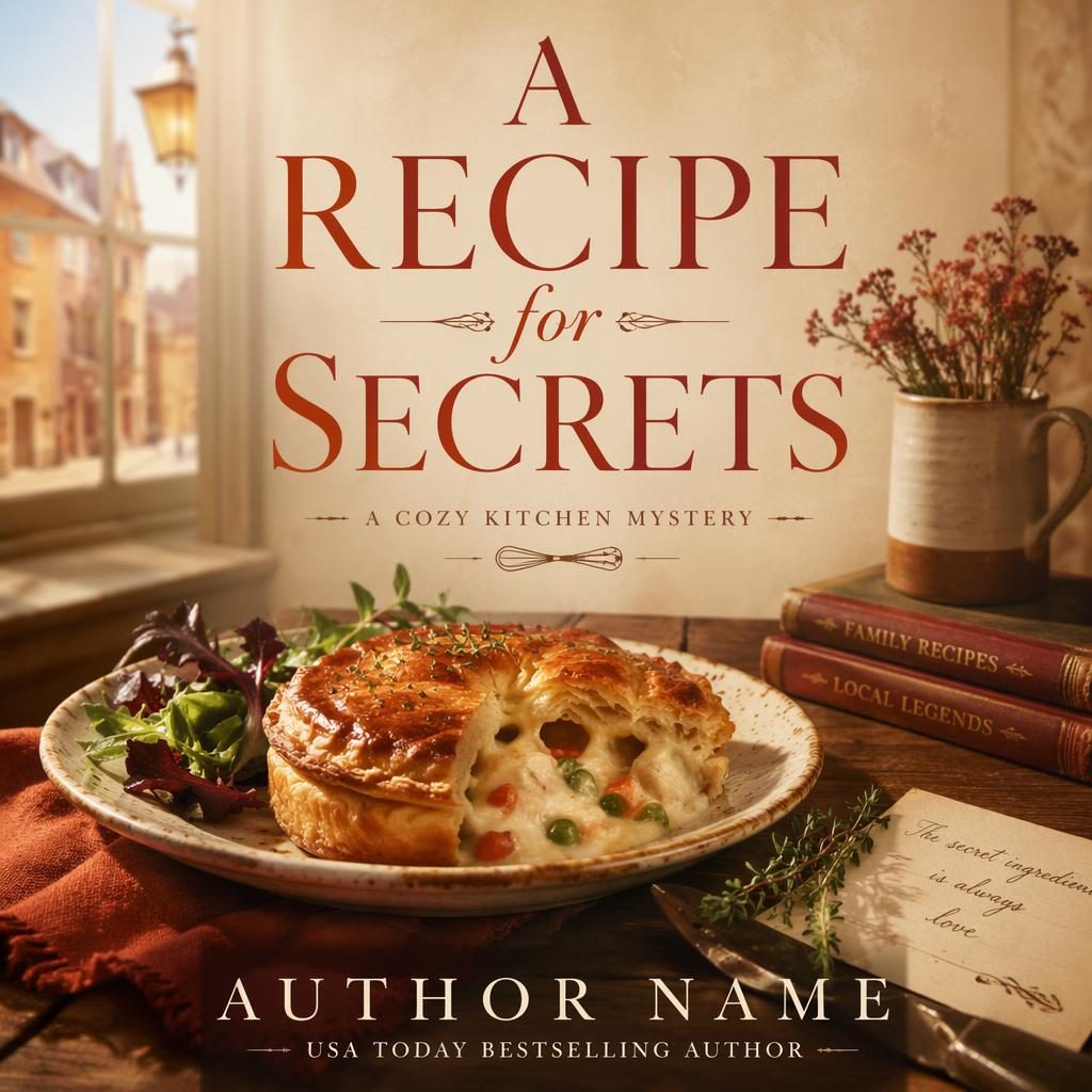 Portrait book cover with a plated gourmet dish hero, warm cream and rust tones, atmospheric food photography, and clean title placeholder text.