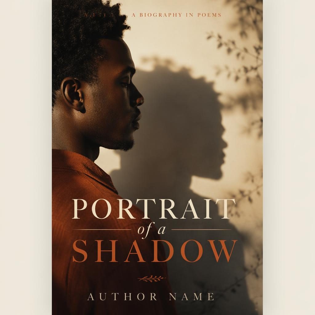 Portrait book cover with a shadowed biography figure, warm cream and rust tones, poetic photo style, and clean title text.