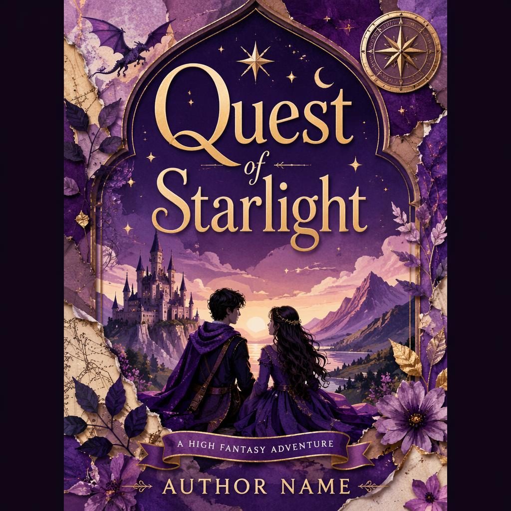 Collage-style children's fantasy book cover in royal purple with whimsical quest imagery and clean title, subtitle, and author text.