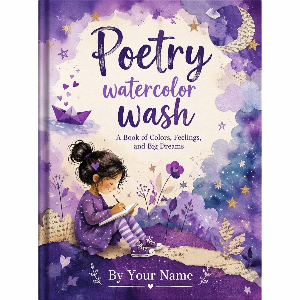 Print-ready 5:8 children's poetry book cover mockup in royal purple watercolor collage style with clear title and author text.