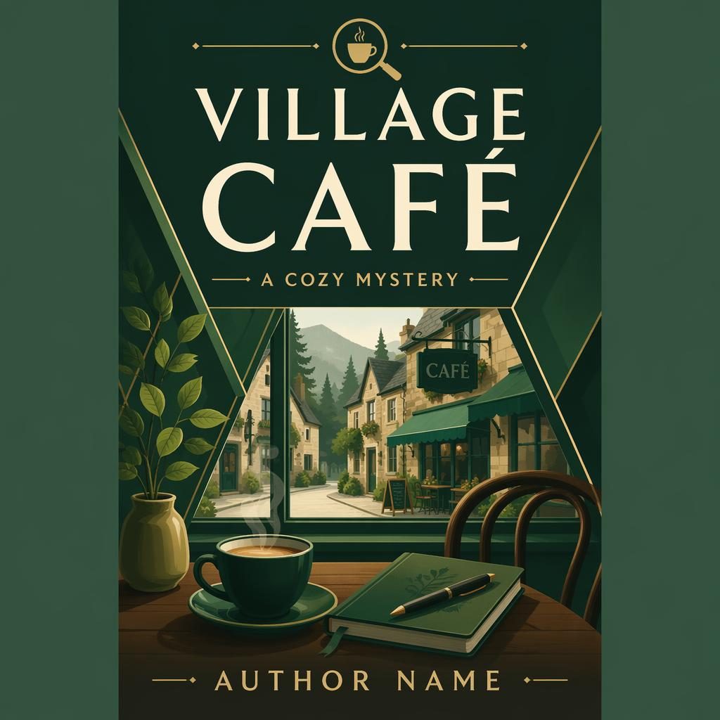 YA cozy mystery book cover with bold geometric shapes, deep forest green palette, and a quiet village cafe theme.