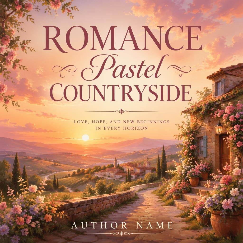 Painterly book cover design with a pastel countryside at warm sunset, romantic mood, epic composition, and clean title text.