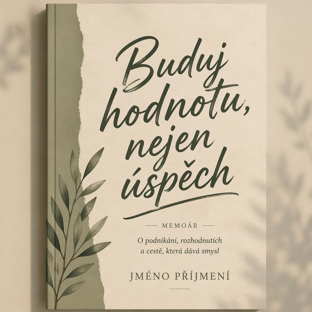 Minimalistická obálka memoáru s ručně psanou typografií, teplou paletou šalvěje a pergamenu, ve formátu 5:8.