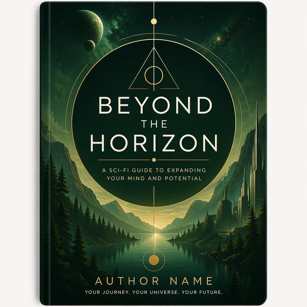 Portrait sci-fi book cover with bold geometric shapes, deep forest green palette, and clean title and author placeholder text.