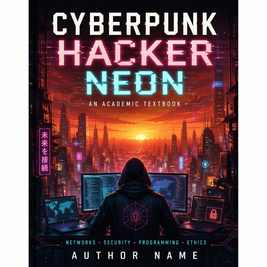 Painterly cyberpunk hacker book cover with neon city glow, warm sunset palette, sharp title and author placeholder text.