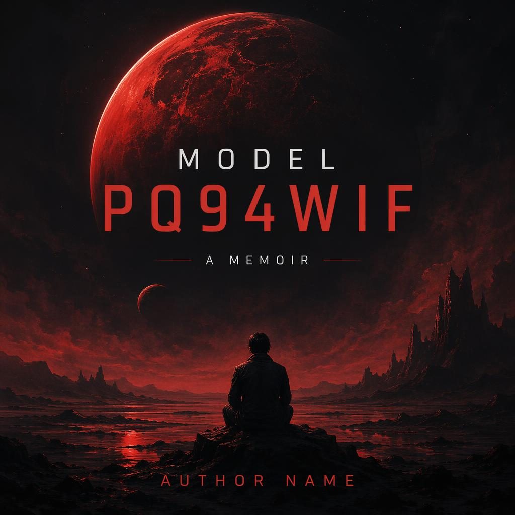 Minimalist sci-fi memoir book cover with dark black and red palette, full-bleed illustration, and sharp placeholder title text.