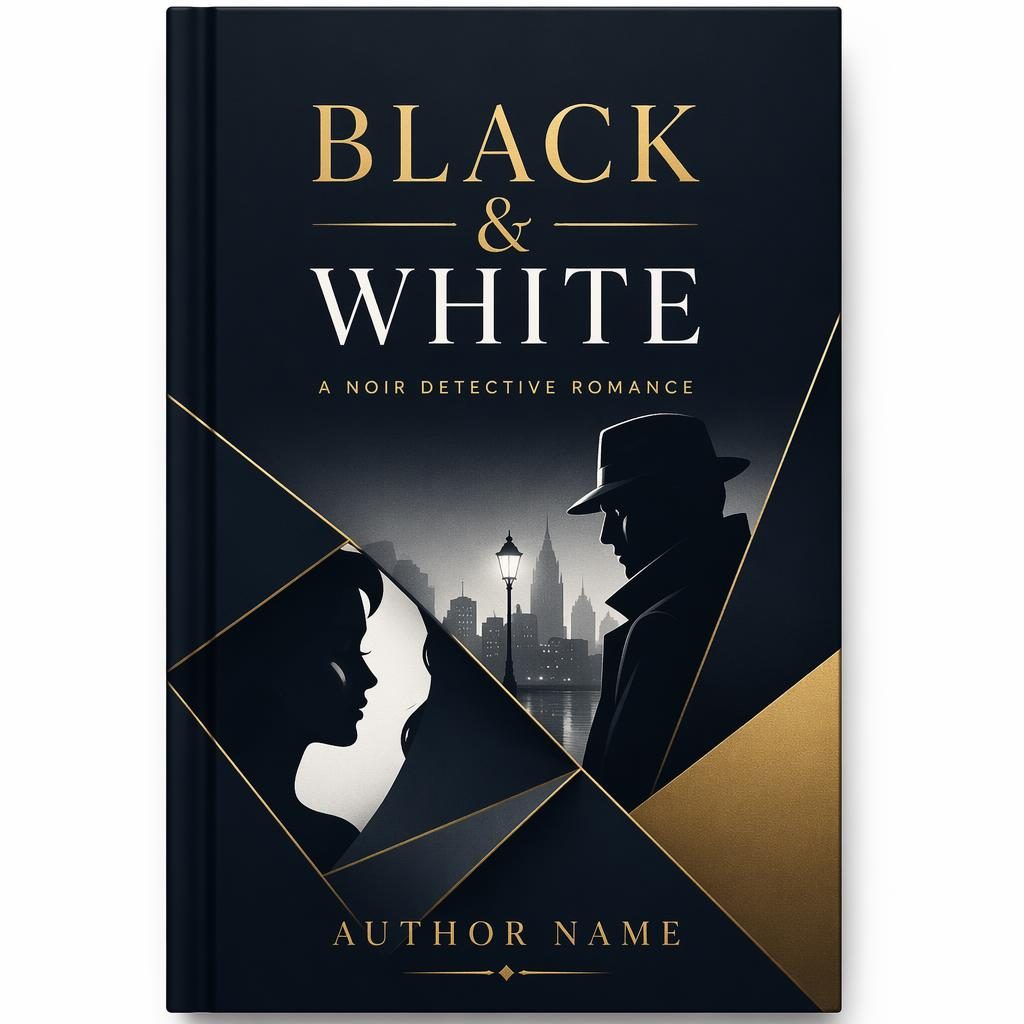 Minimalist noir detective romance book cover in muted navy and gold with symbolic black-and-white imagery and clean placeholder text