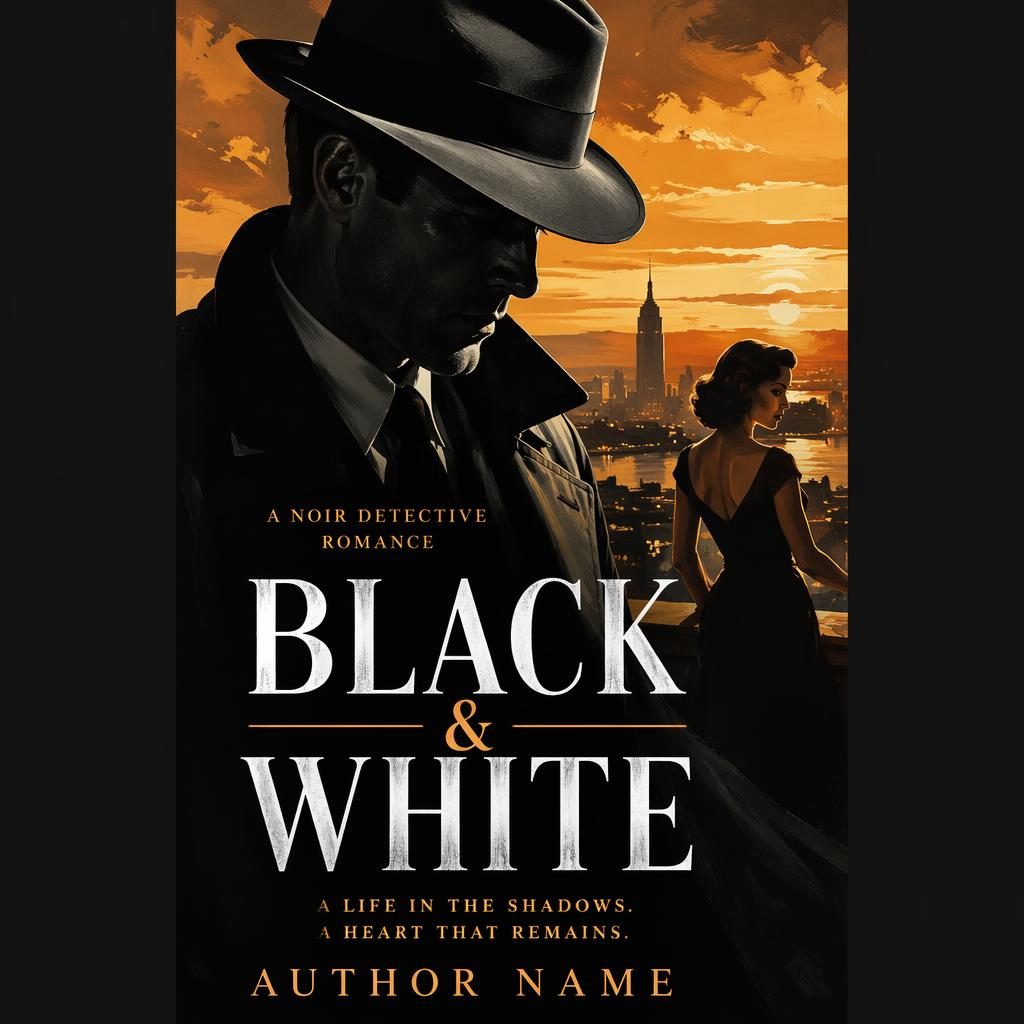 Painterly black-and-white noir detective romance book cover with warm sunset tones, sharp title and author text in 5:8 portrait.