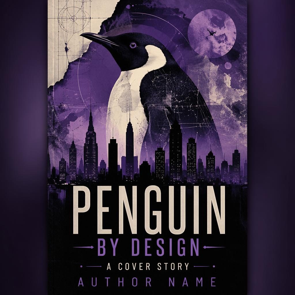 Print-ready sci-fi thriller book cover with a dark city silhouette, royal purple collage design, and clean title placeholder text.