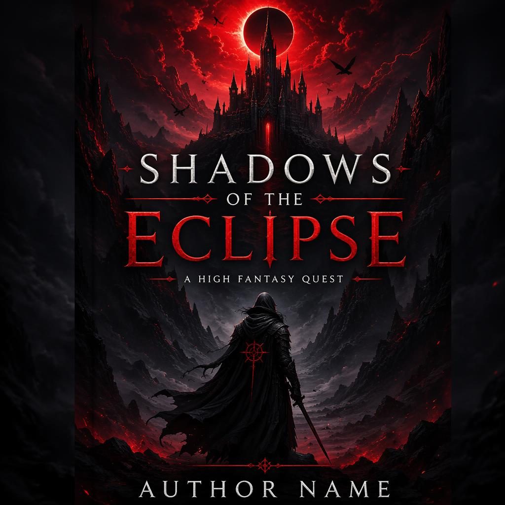 Illustrated full-bleed fantasy book cover in black and red with a mysterious quest scene and clean placeholder title text.