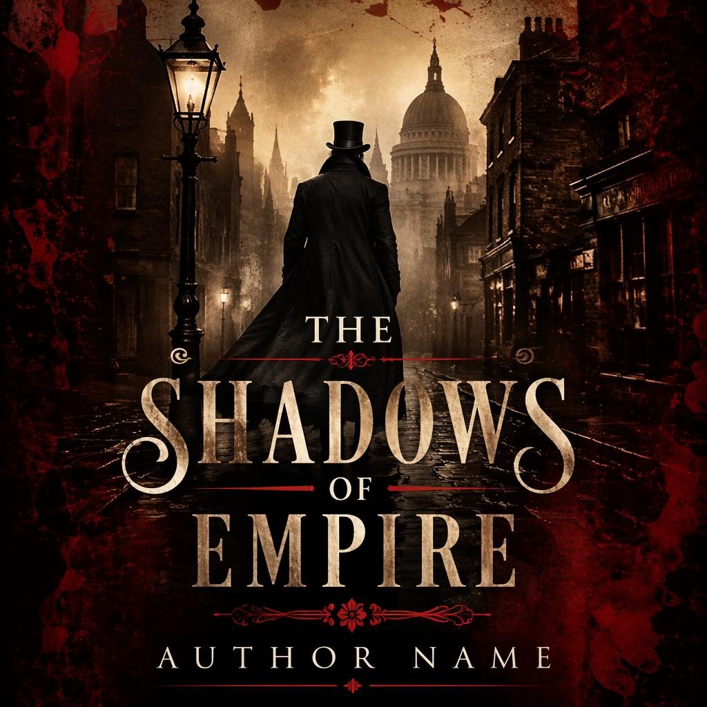 Sepia historical fiction book cover with dark black and red accents, illustrated full-bleed scene, and sharp title placeholder
