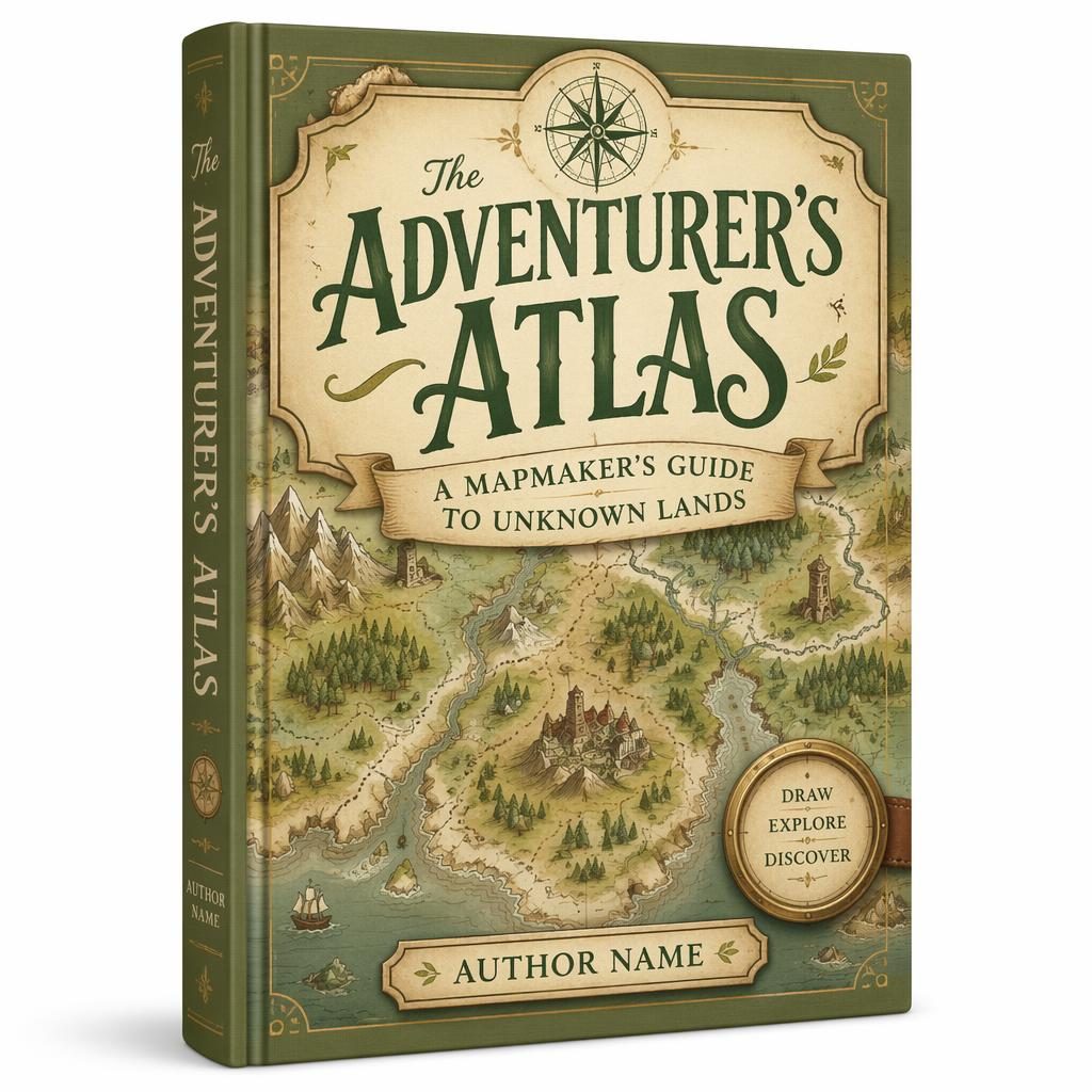 5:8 portrait book cover design with hand-lettered title and author text, adventure map theme, sage and parchment tones.