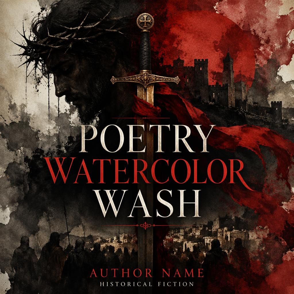 Historical fiction book cover with black and red watercolor wash, mysterious dark mood, and clean title and author text.