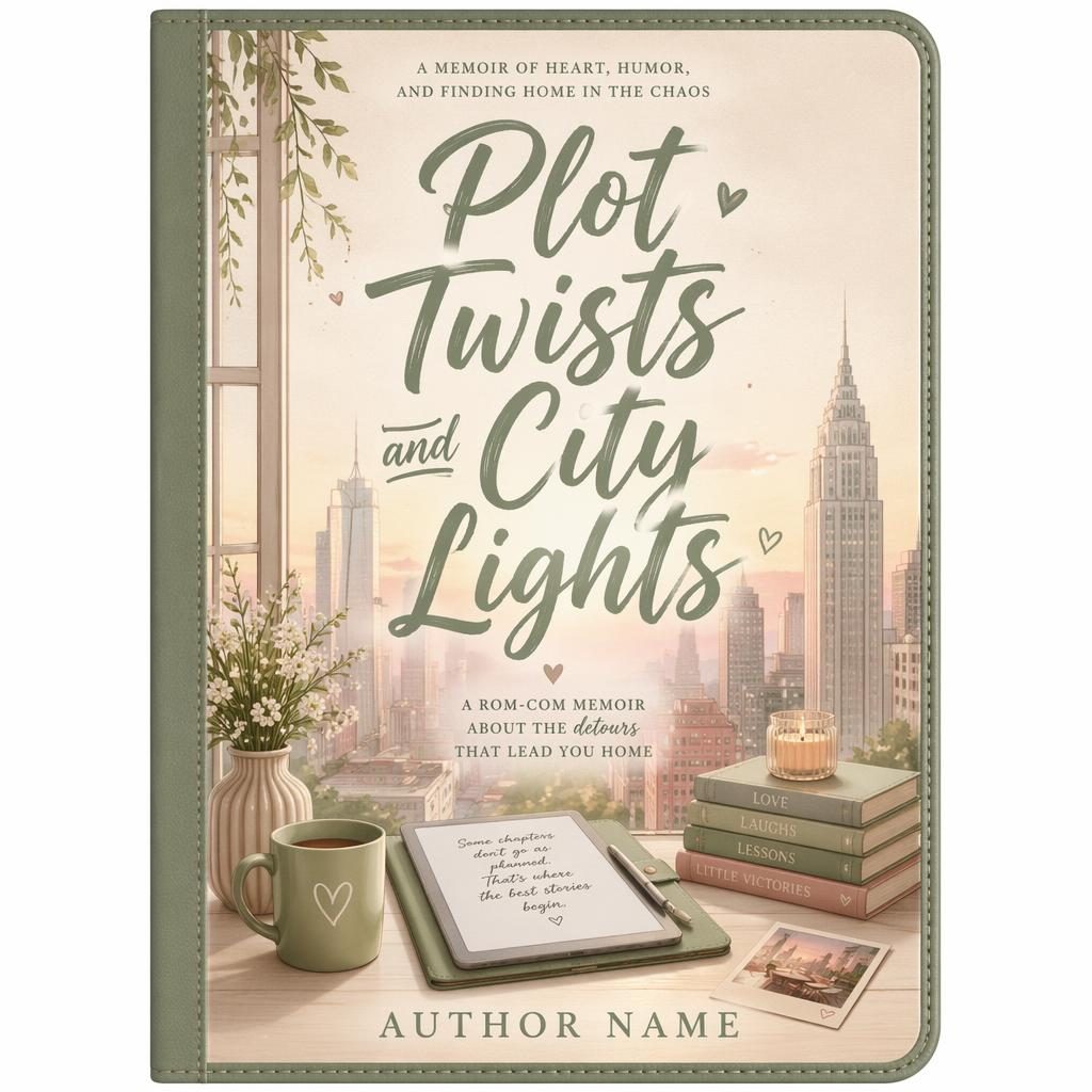 Pastel rom-com memoir book cover with city skyline, hand-lettered title, sage and parchment tones, cozy 5:8 portrait layout.