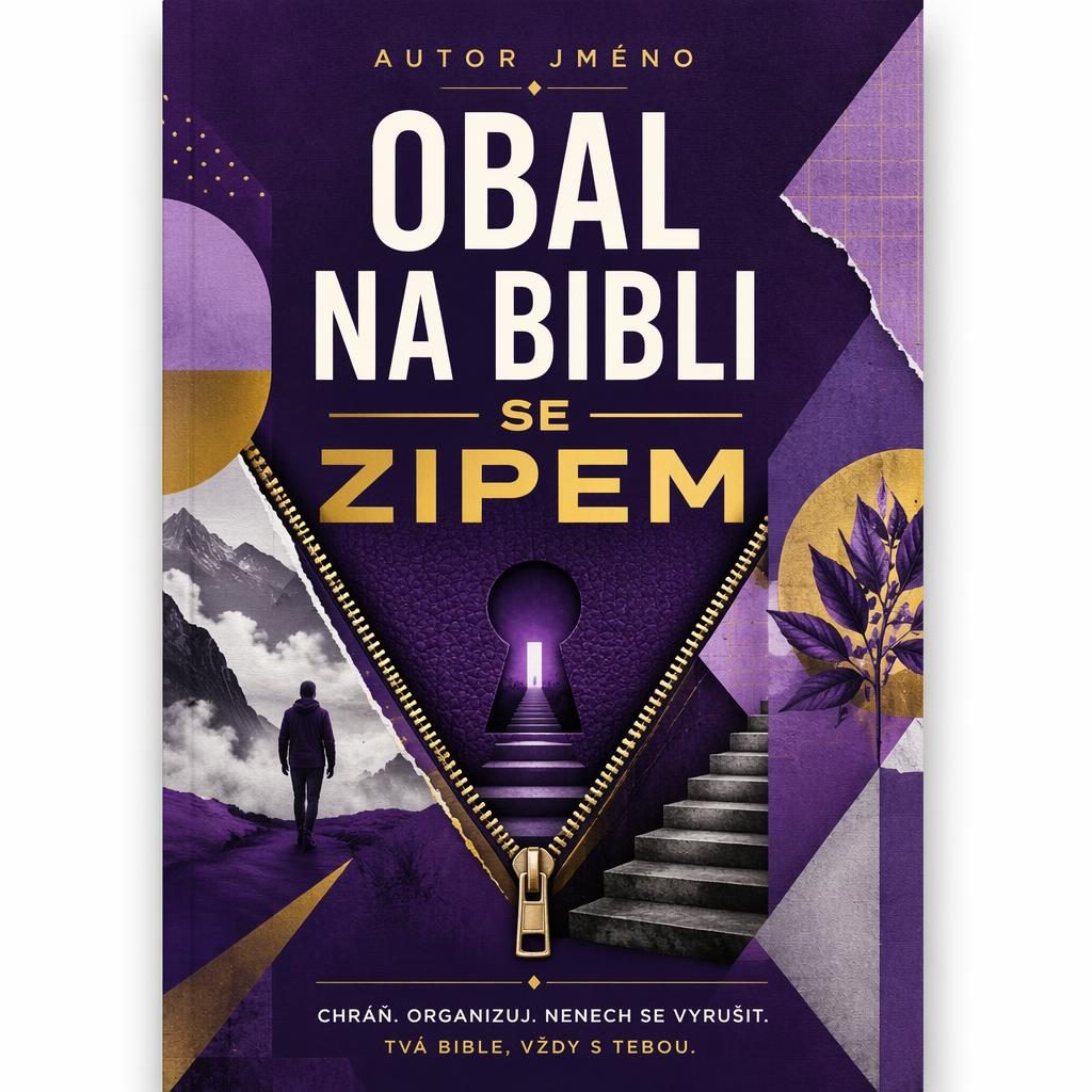 Knižní obálka 5:8 v královské fialové, geometrická koláž, čistá typografie a zástupný název i autor.