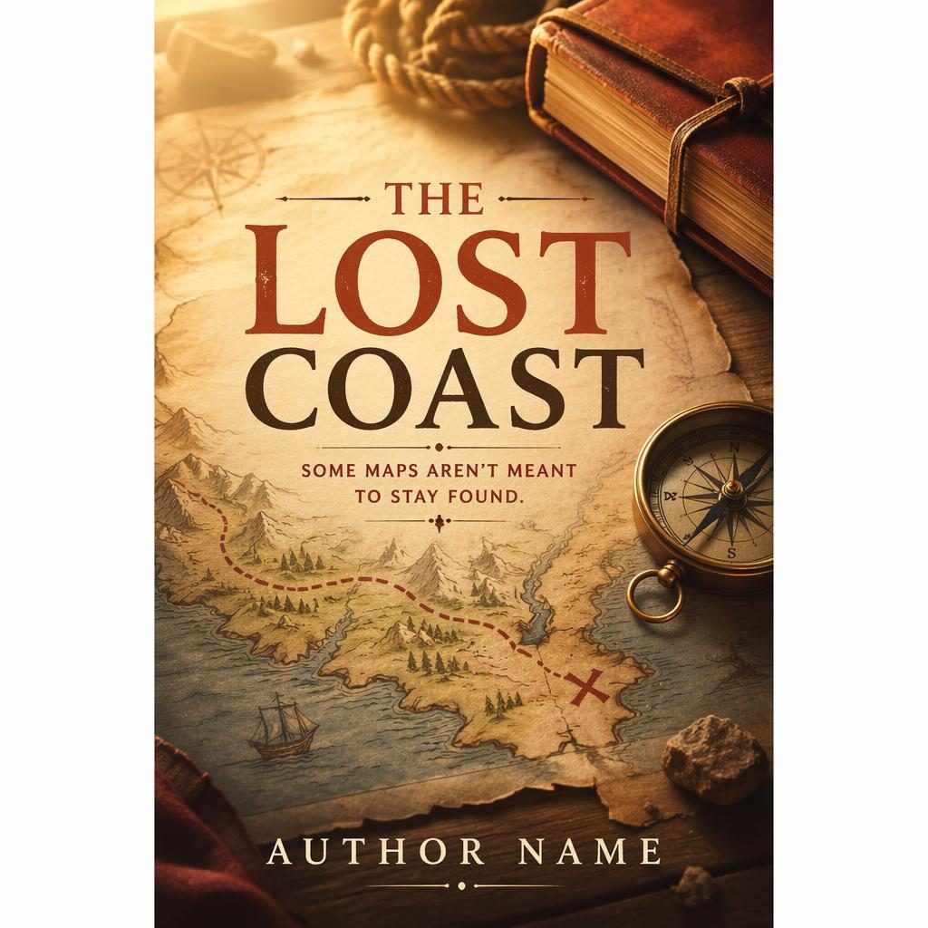 Portrait book cover with an atmospheric adventure map in warm cream and rust tones, with clean title and author placeholder text.