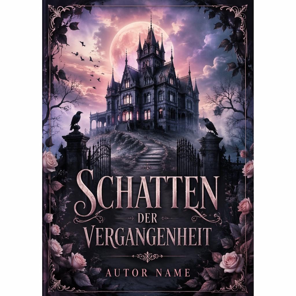 Buchcover-Design mit düsterem gotischem Herrenhaus, romantischen Pastelltönen und klar gesetzten Platzhaltern für Titel und Autor