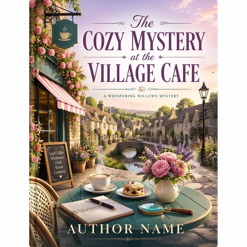 Pastel literary book cover showing a cozy village cafe scene with bold typography, title and author placeholders, 5:8 portrait.