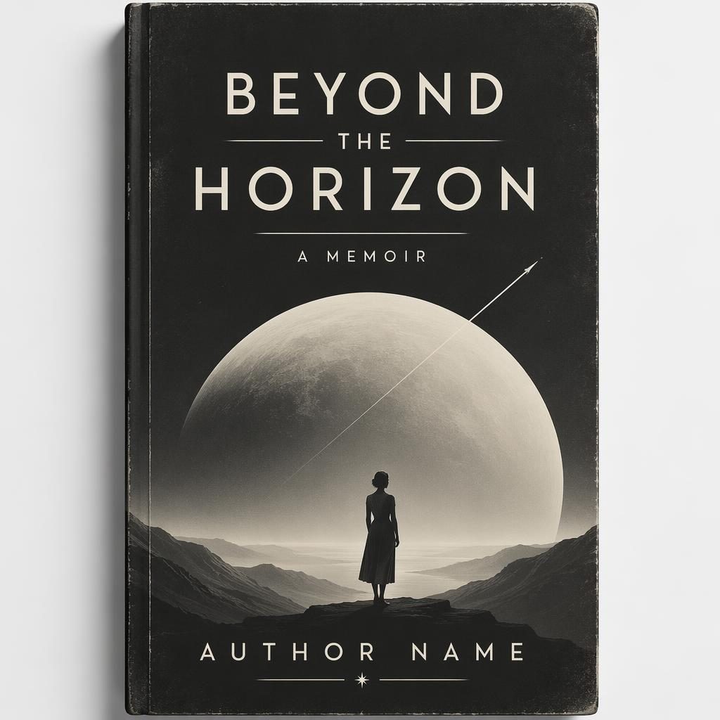 Minimalist sci-fi memoir book cover in high-contrast monochrome with vintage retro typography and soft romantic mood