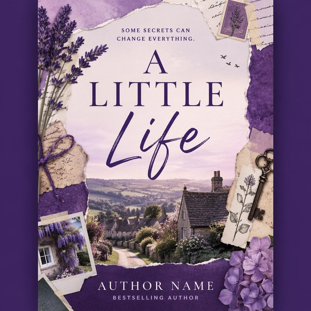 Book cover design with a pastel countryside collage, royal purple accents, and clean title and author placeholder text.