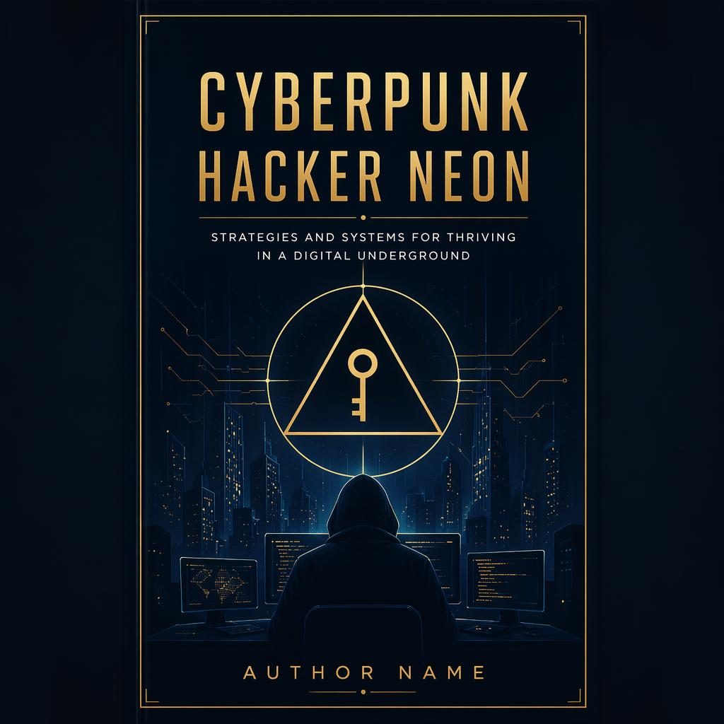 Minimalist 5:8 book cover in muted navy and gold with a symbolic neon hacker motif and clean title placeholder text.
