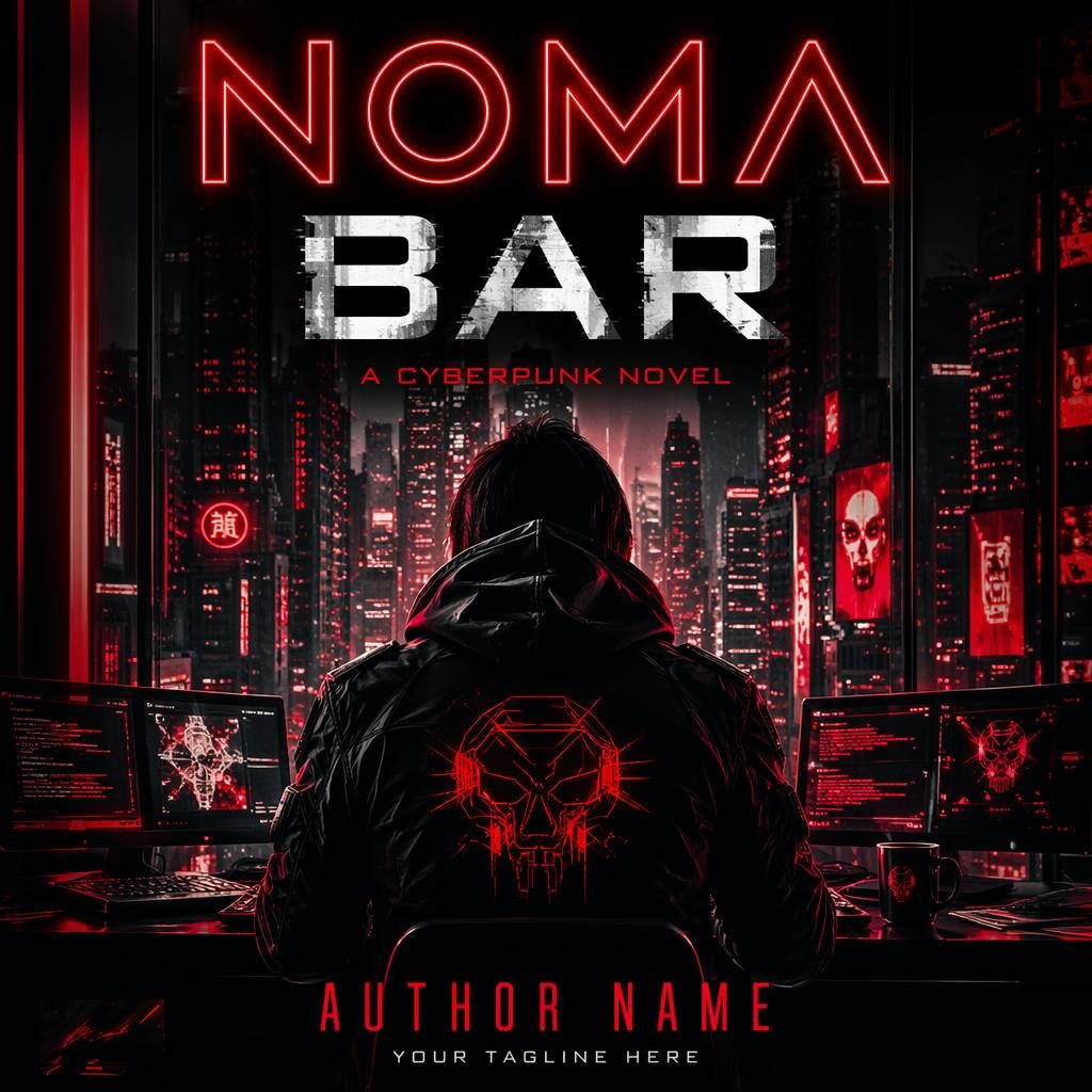 Illustrated sci-fi book cover with a neon-lit hacker, dark black and red palette, and sharp title and author placeholder text.