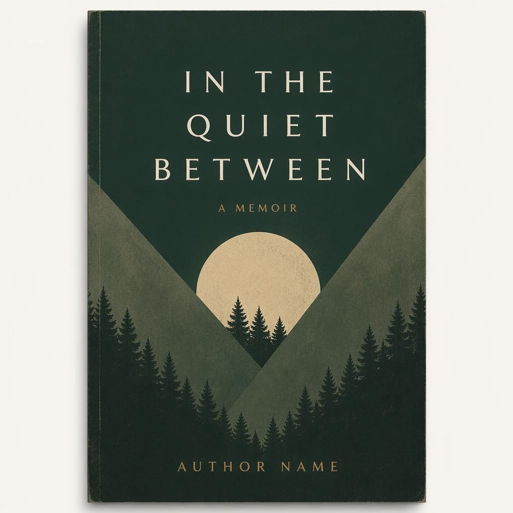 Minimalist YA memoir book cover with bold geometric typography, deep forest green palette, and clean title placeholders.