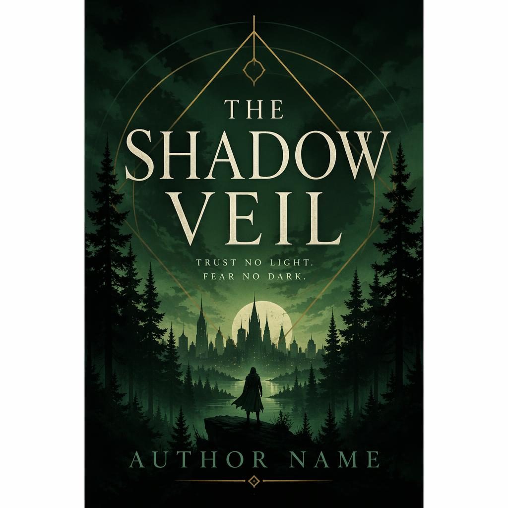 Fantasy thriller book cover with a dark city silhouette, deep green forest tones, bold geometric layout, and clean placeholder text.