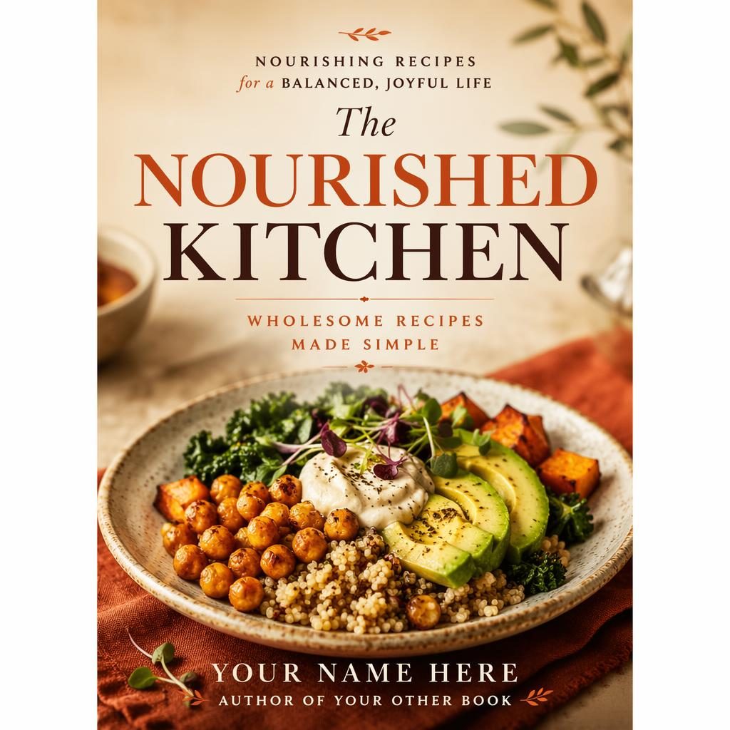 Portrait cookbook cover with a plated dish hero, warm cream and rust tones, clean title and author placeholder text.