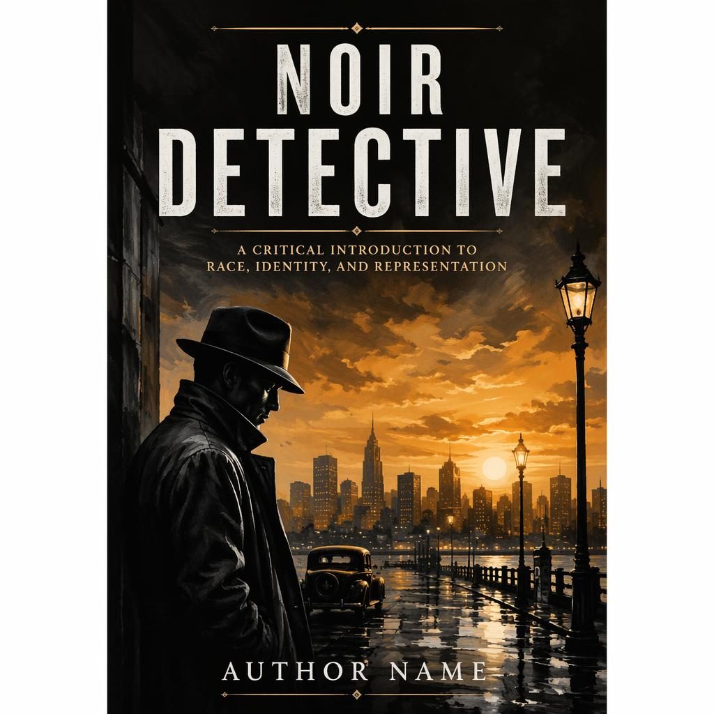 Black-and-white noir detective book cover in painterly style with warm sunset tones and clean title placeholder text.