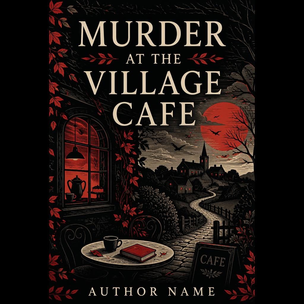 Illustrated full-bleed book cover showing a dark village cafe scene in black and red with clean title and author placeholder text.
