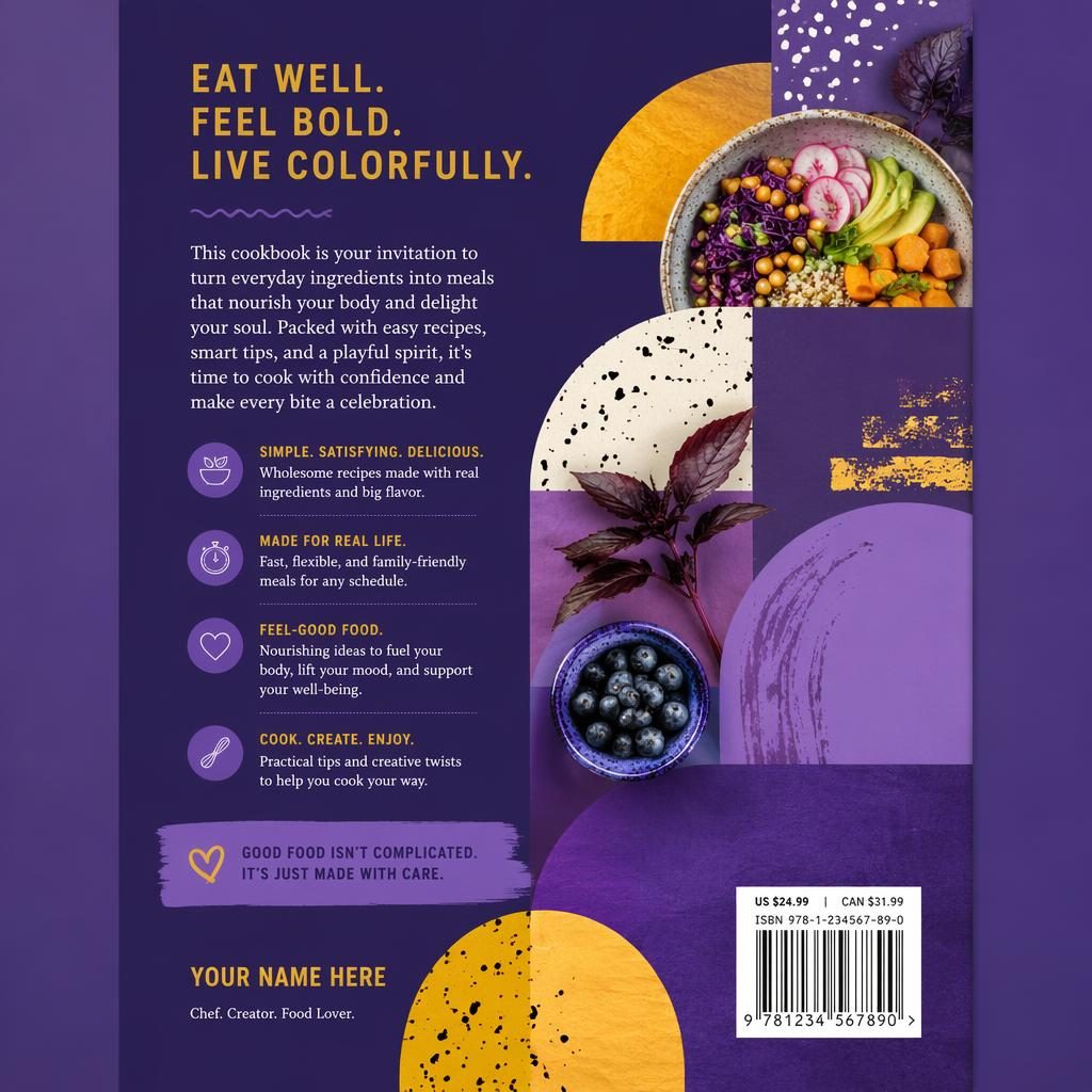 5:8 portrait book cover design with bold geometric collage shapes, royal purple palette, playful cookbook style, clean title placeholder