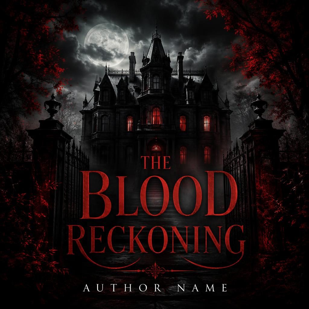 Illustrated horror book cover with a gothic mansion, black and red palette, dramatic mystery mood, and clean placeholder text.