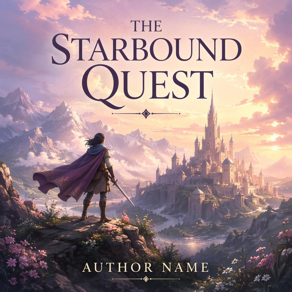 Print-ready 5:8 book cover showing a high fantasy quest scene in a pastel romantic palette with clean title and author text.