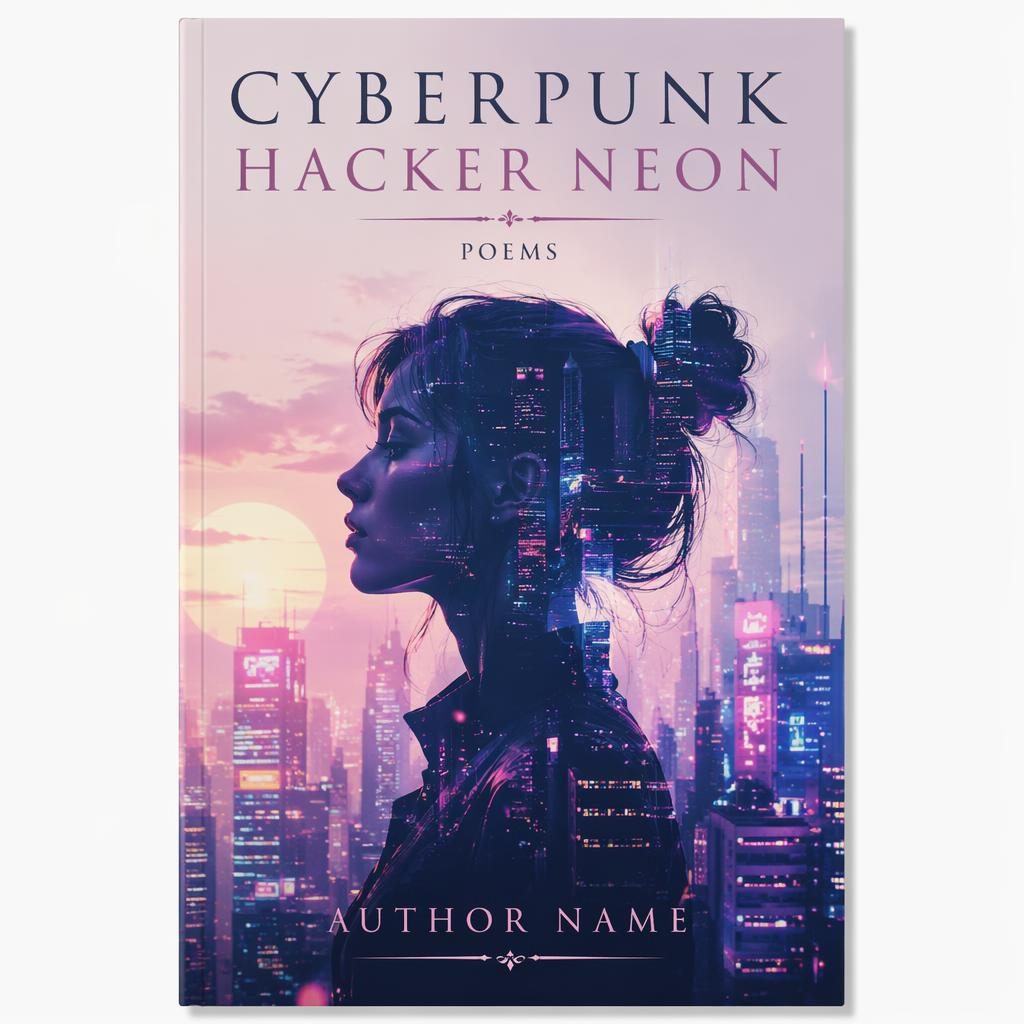 Cyberpunk poetry book cover with neon hacker imagery, pastel romantic tones, and clean title and author placeholder text.