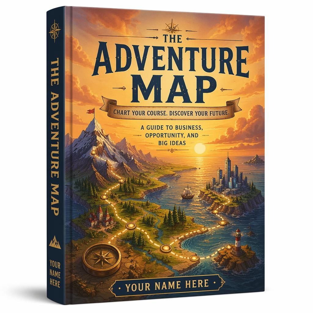 Painterly 5:8 portrait book cover mockup showing an epic middle grade adventure map at sunset with clean title and author text.