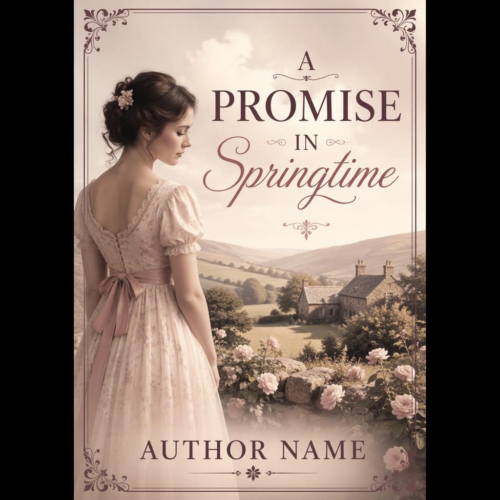 Vintage-style historical romance book cover with pastel countryside scene, soft mood, monochrome contrast, and clean placeholder typography.
