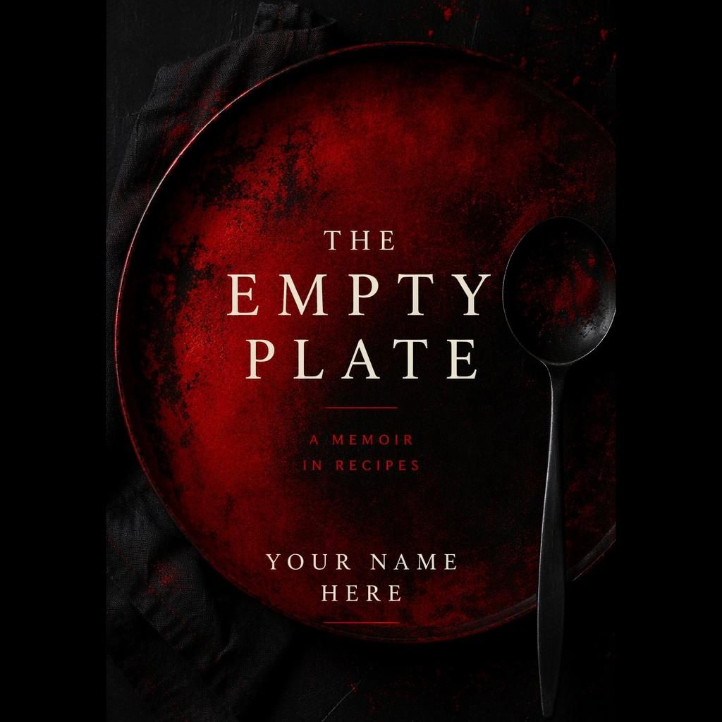 Minimalist illustrated cookbook memoir cover in black and red, with sharp title and author placeholder text on a dark full-bleed layout.