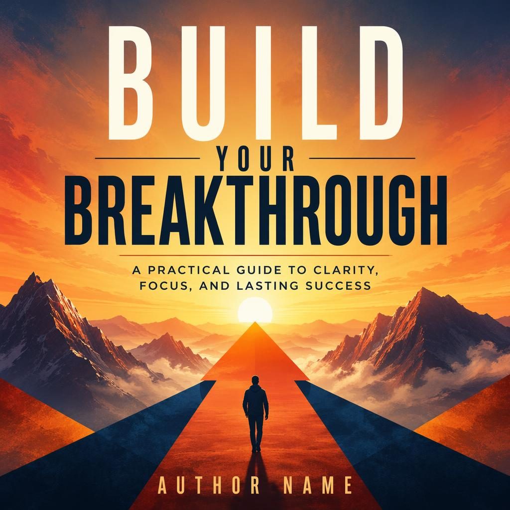 Print-ready self-help book cover with bold geometric shapes, warm sunset tones, painterly atmosphere, and clean title text.