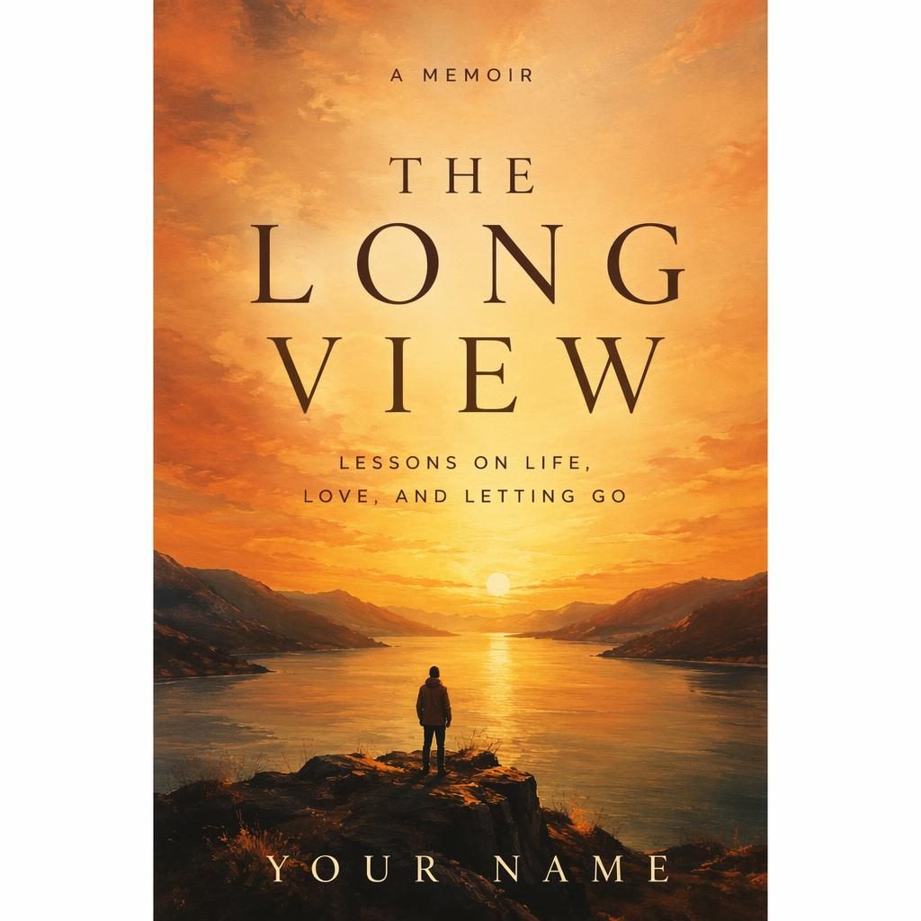 Minimalist memoir book cover in warm sunset tones with painterly atmosphere and clean placeholder title and author text.