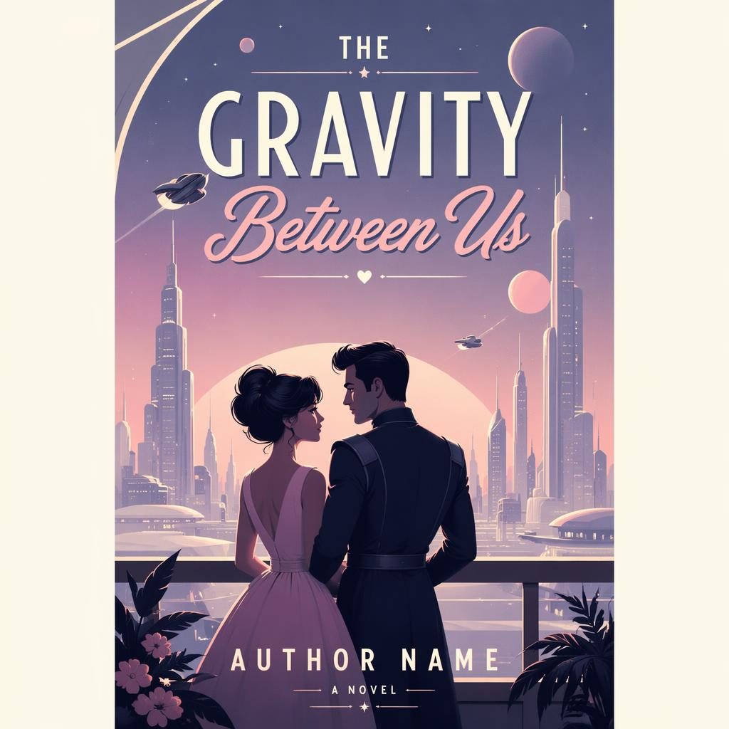 Vintage retro sci-fi rom-com book cover with pastel city skyline, soft romantic mood, monochrome contrast, title placeholder