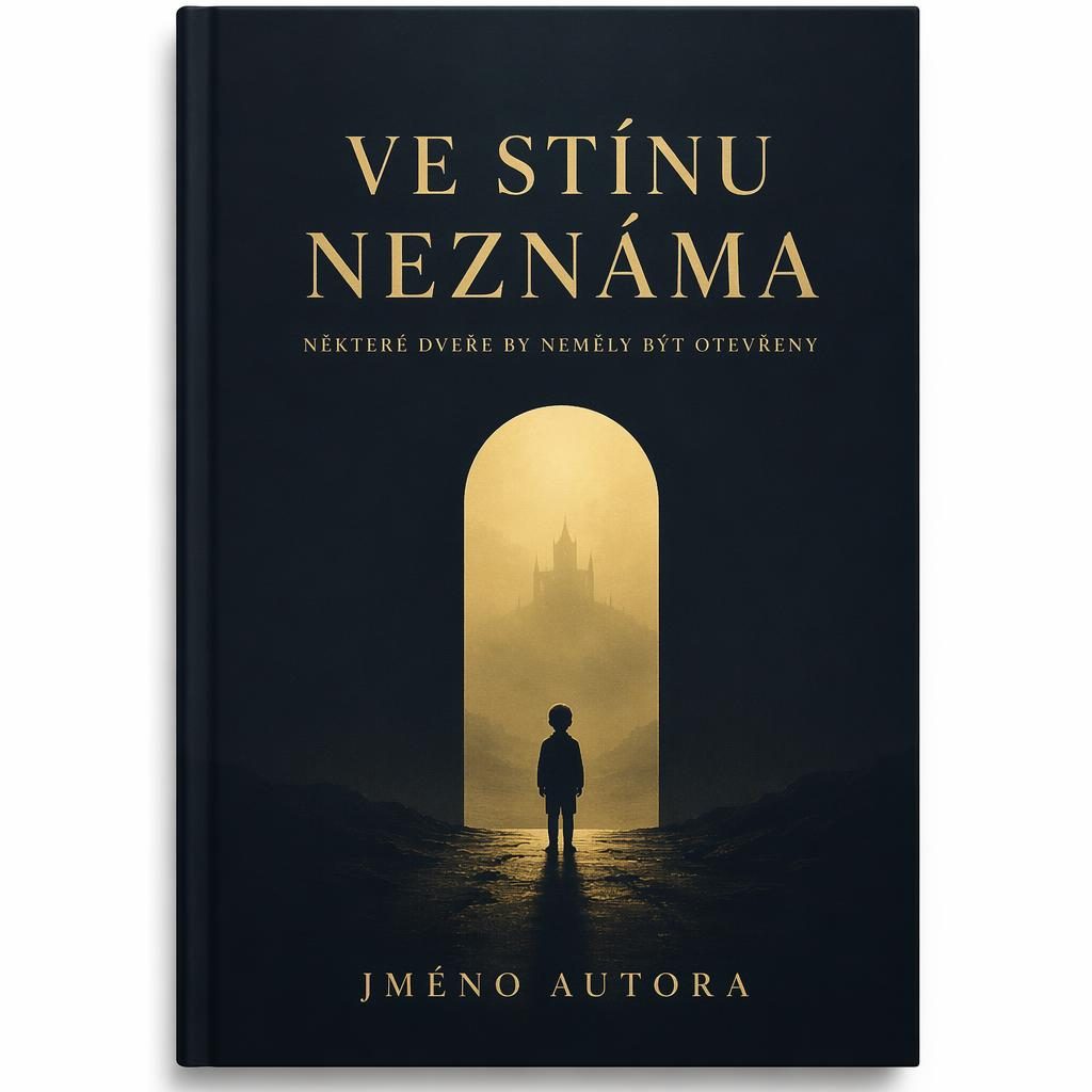 Minimalistický knižní obal v poměru 5:8 s tlumeným navy-zlatým gradientem, symbolickým hororovým motivem a zástupným textem.