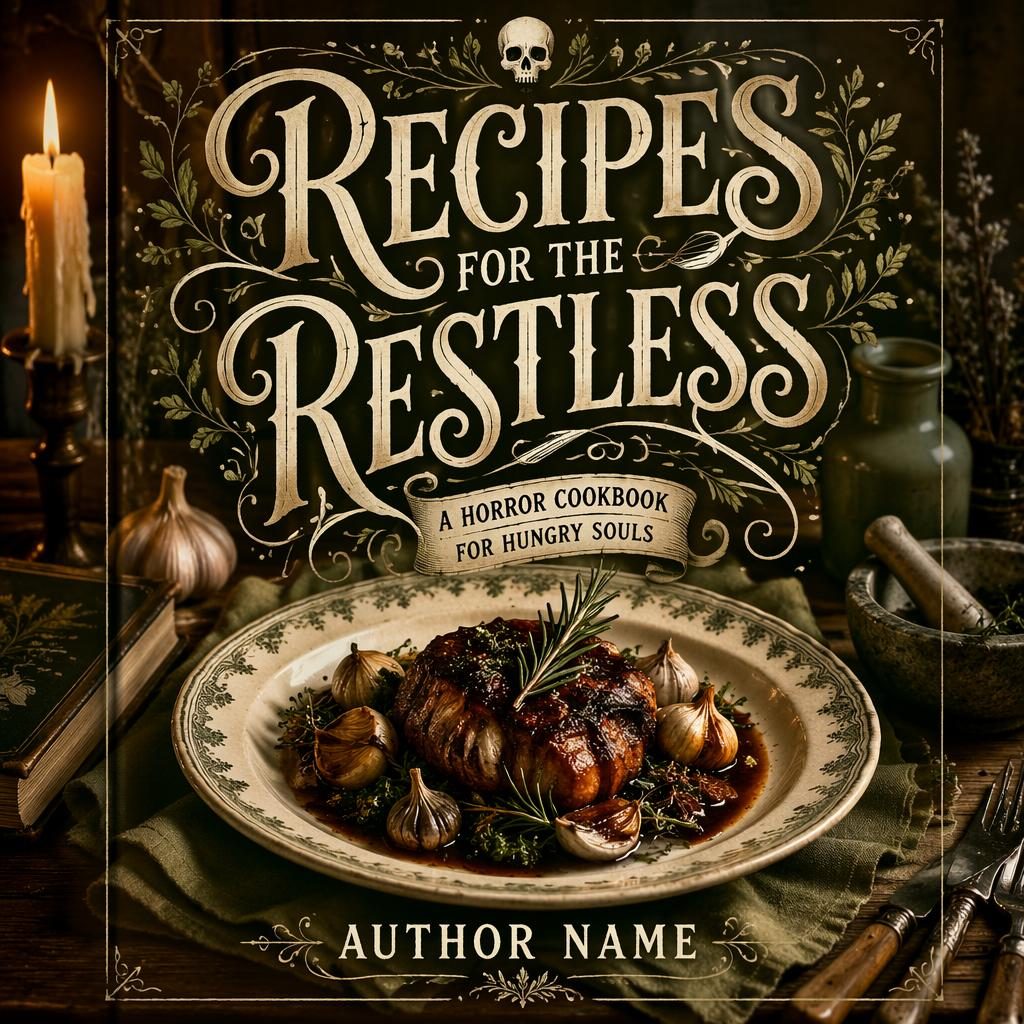 Horror cookbook cover with plated dish hero, hand-lettered title placeholder, warm sage and parchment 5:8 portrait layout
