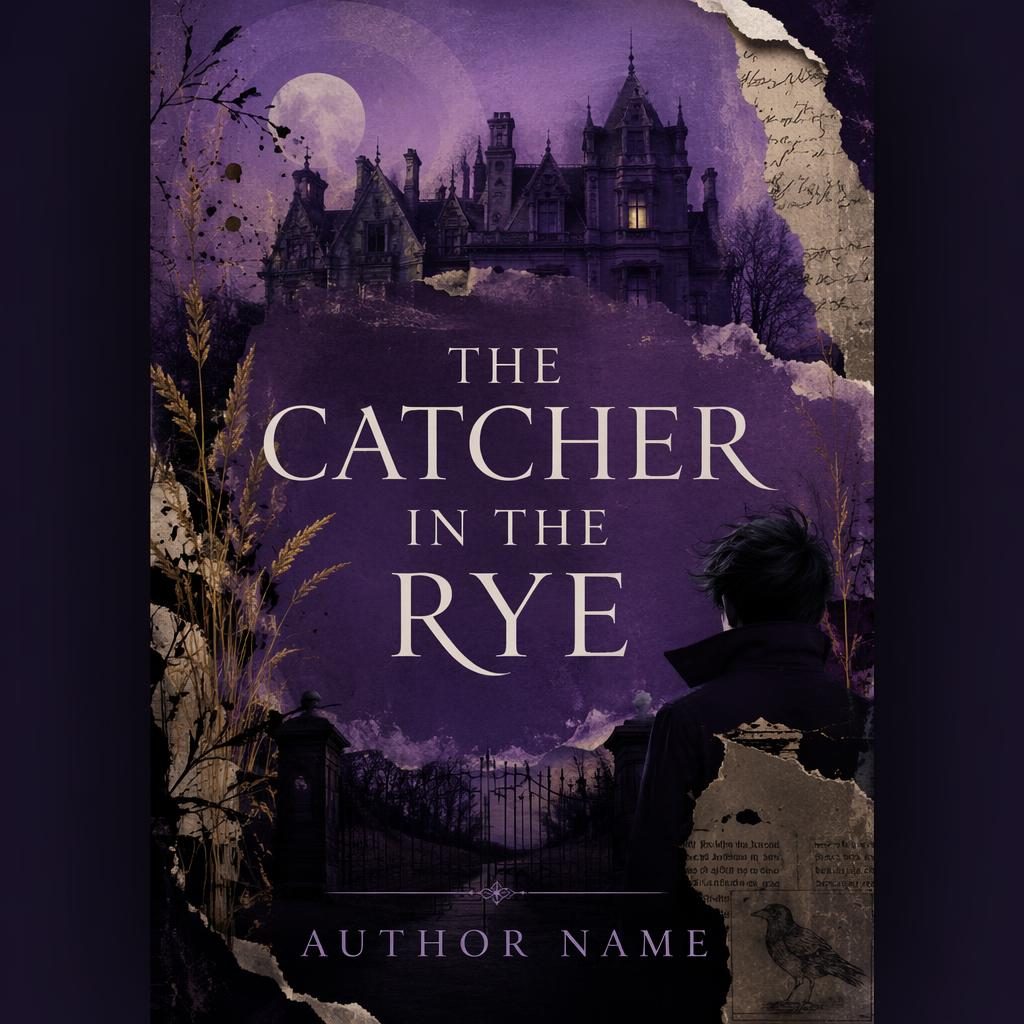 Book cover design showing a gothic mansion collage in royal purple with playful whimsical mystery-thriller styling