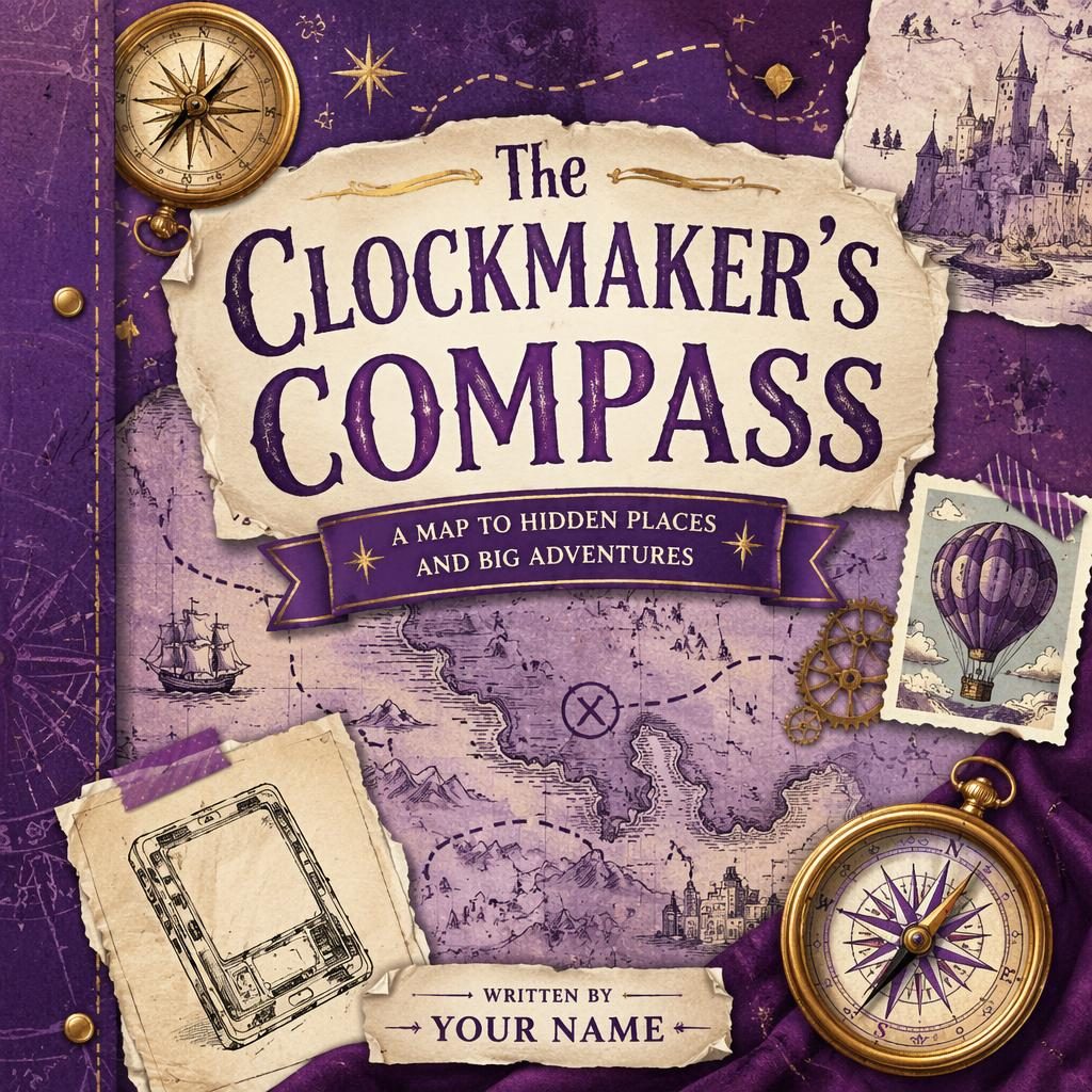 Royal purple middle grade historical fiction book cover with whimsical collage map, clean title and author placeholder text.