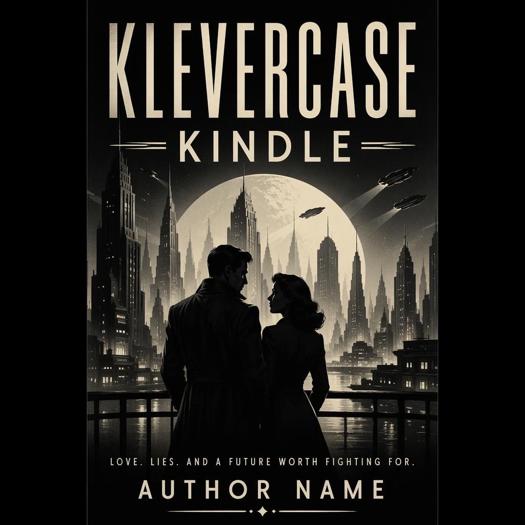 Monochrome sci-fi thriller book cover with dark city silhouette, soft romantic mood, vintage retro typography placeholders.