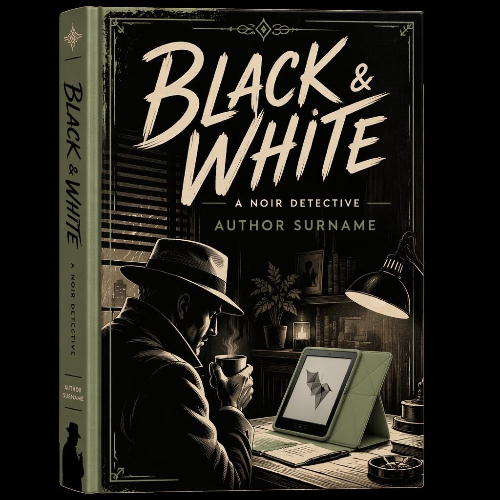 Black-and-white noir detective horror book cover with hand-lettered title, sage parchment accents, and clean placeholder text